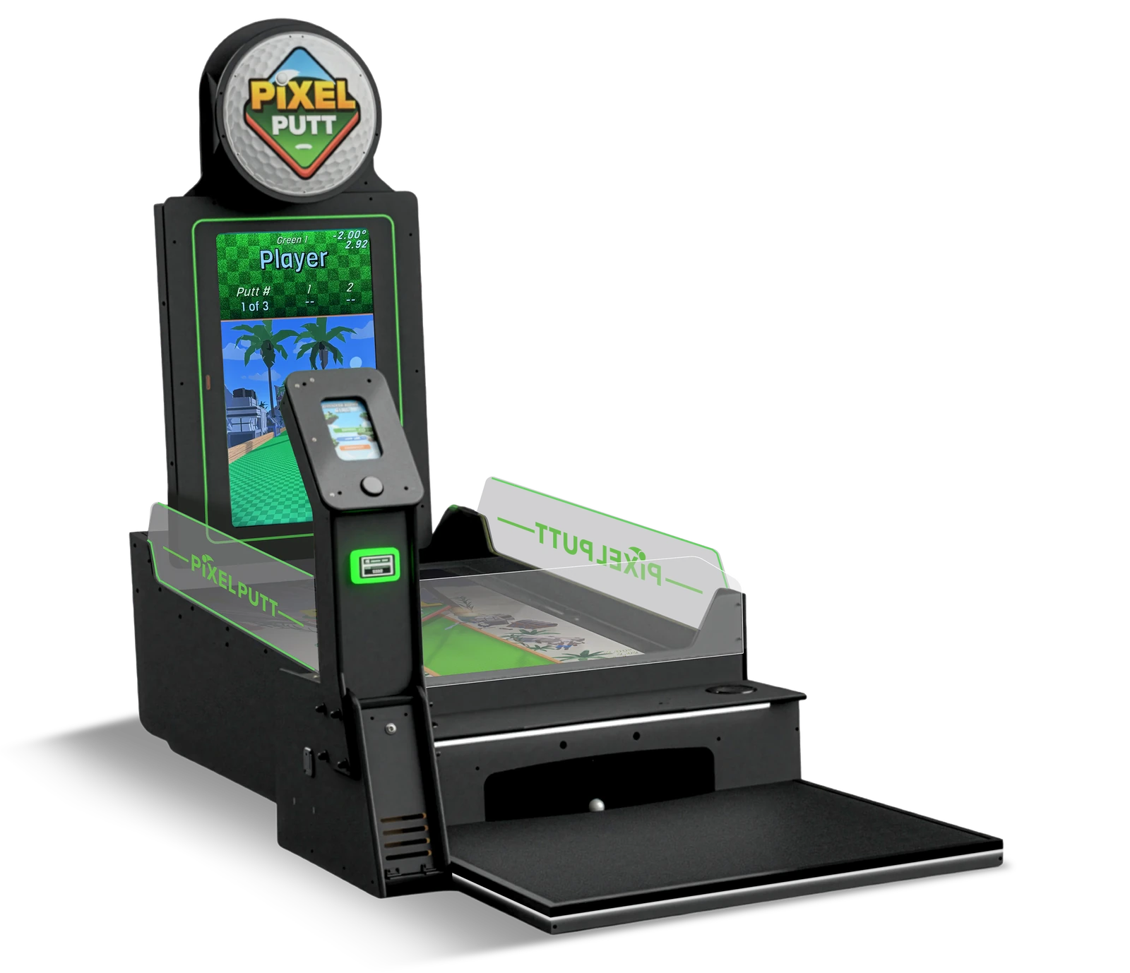 The all-new Pixel Putt open concept design with dual screens and green LED lighting
