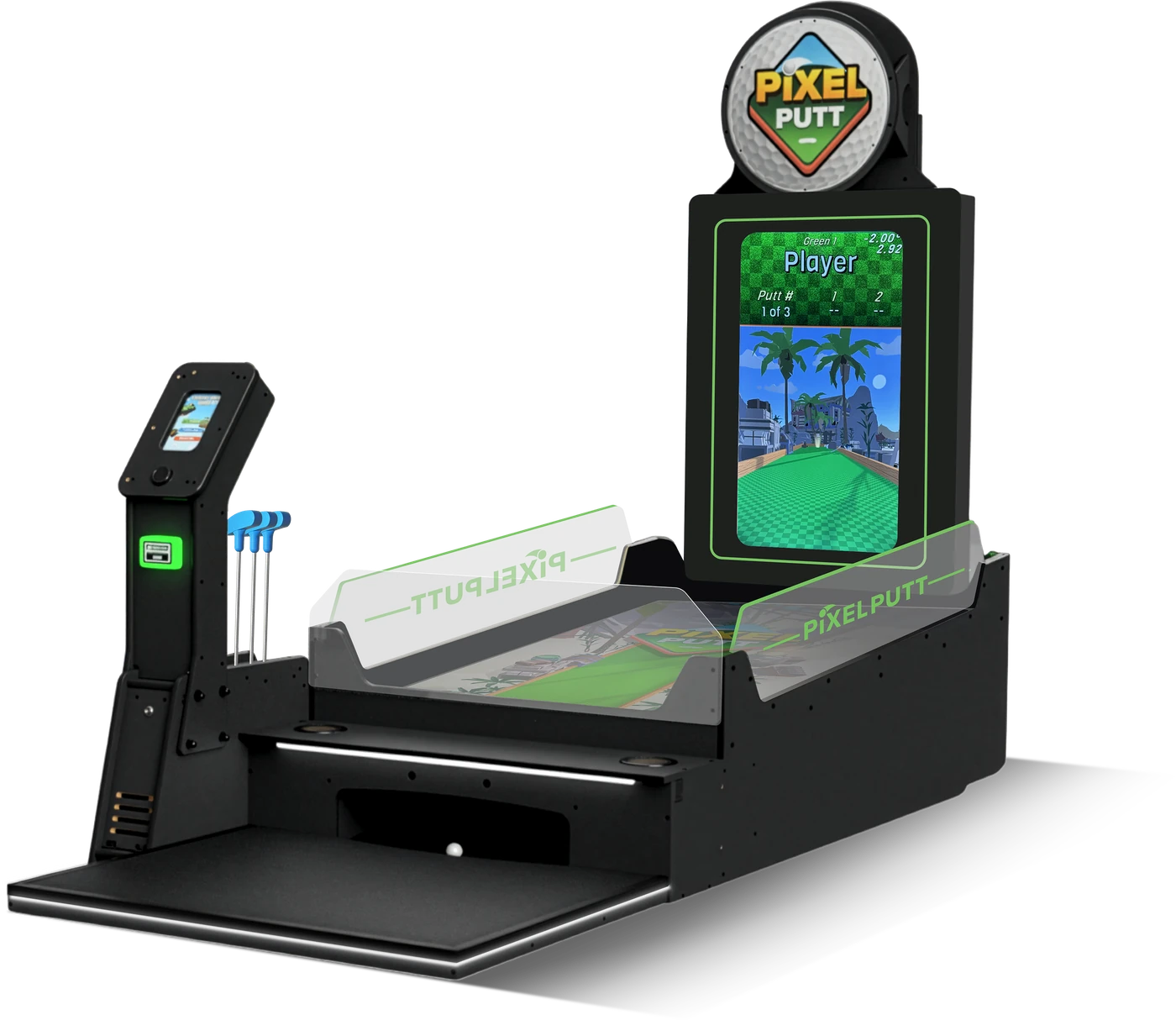 New Pixel Putt open concept layout with putter rack, open playfield, and self-serve kiosk
